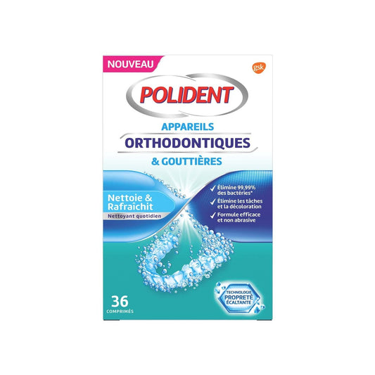 Crème Fixative Nettoyant Appareils Orthodontiques et Gouttières Anti-Bactérien POLIDENT les 36 comprimés