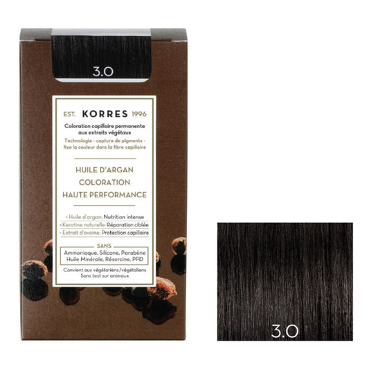 Coloration Permanente 3. 0 Châtain Foncé Naturel Huile d'Argan KORRES la boite de 145mL