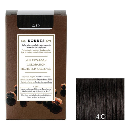 Coloration Permanente 4. 0 Brown Huile d'Argan Kératine Naturelle Couvre 100% Cheveux Blancs KORRES la boite de 145mL