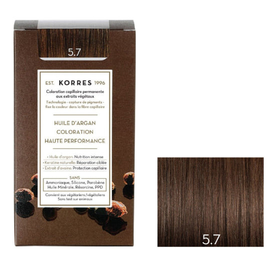 Coloration Permanente 5. 7 Chocolate Huile d'Argan Couvre 100% Cheveux Blancs KORRES la boite de 145mL