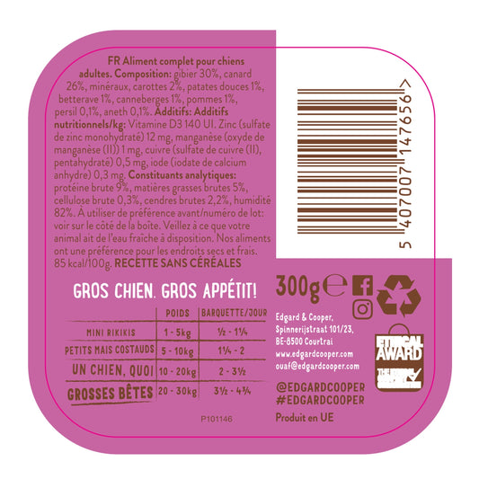 Pâtée pour Chien Adulte Sans Céréales Gibier Canard Délicieux Edgar & COOPER