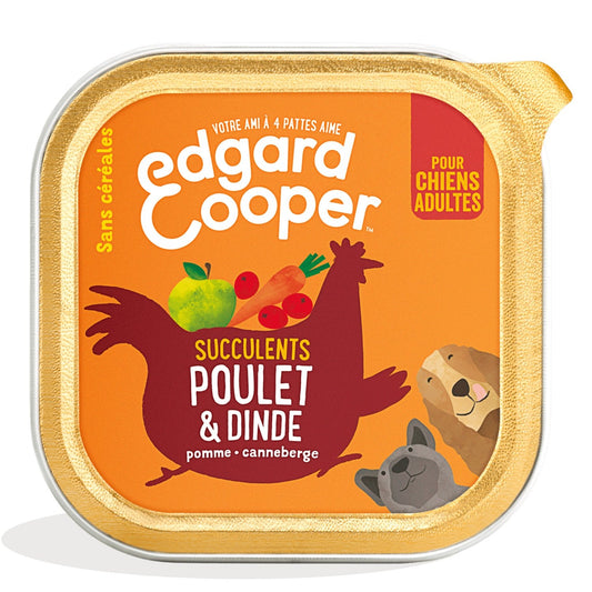Pâtée pour Chien Adulte Sans Céréales Poulet Dinde Edgar & COOPER La barquette de 300g