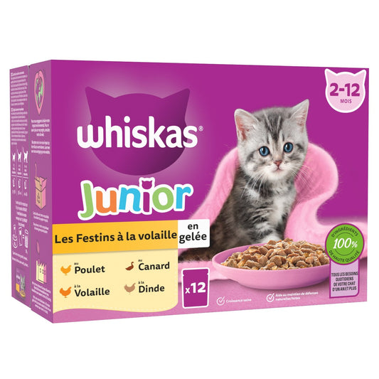 Pâtée pour Chat Junior en Gelée Poulet Dinde Canard Volaille les Festins WHISKAS la boîte de 12 sachets fraîcheur