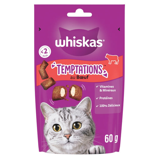 Croquettes Friandises au Boeuf pour Chat Adulte Temptations WHISKAS la boîte de 60g