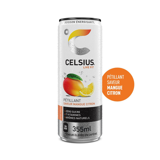 Boisson Energisante Pétillante Saveur Mangue Citron Zéro Sucre CELSIUS la canette de 35,5cL