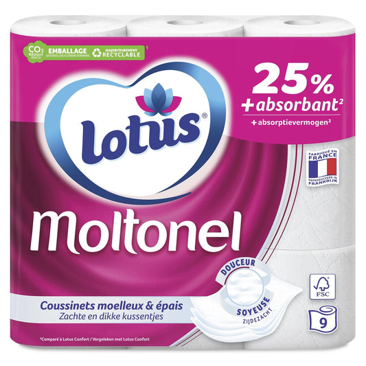 Papier Toilette Triple Épaisseur Coussinets Absorbants Tube Jetable Blanc Fsc Recyclable LOTUS le paquet de 9 rouleaux
