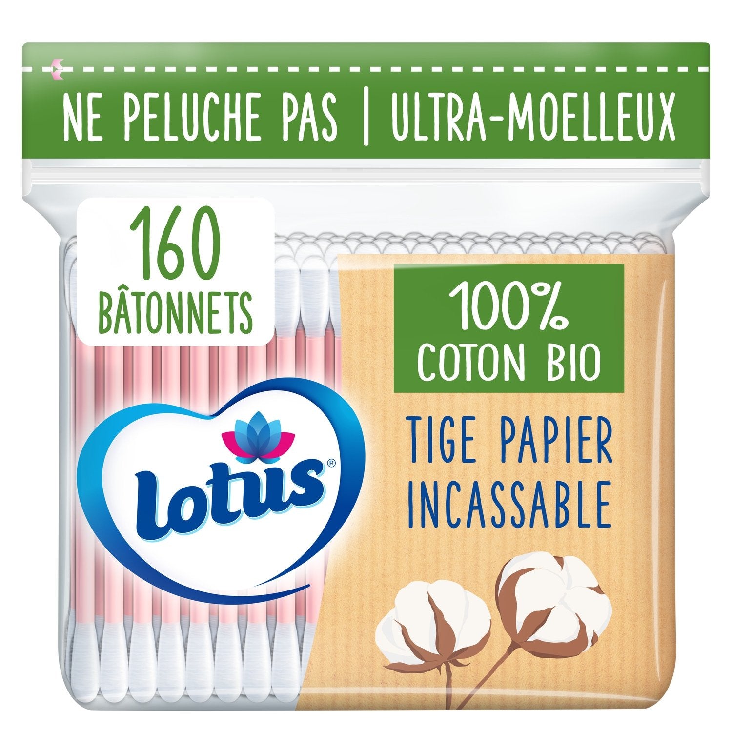 Cotons-Tiges Bio LOTUS le sachet de 160 bâtonnets