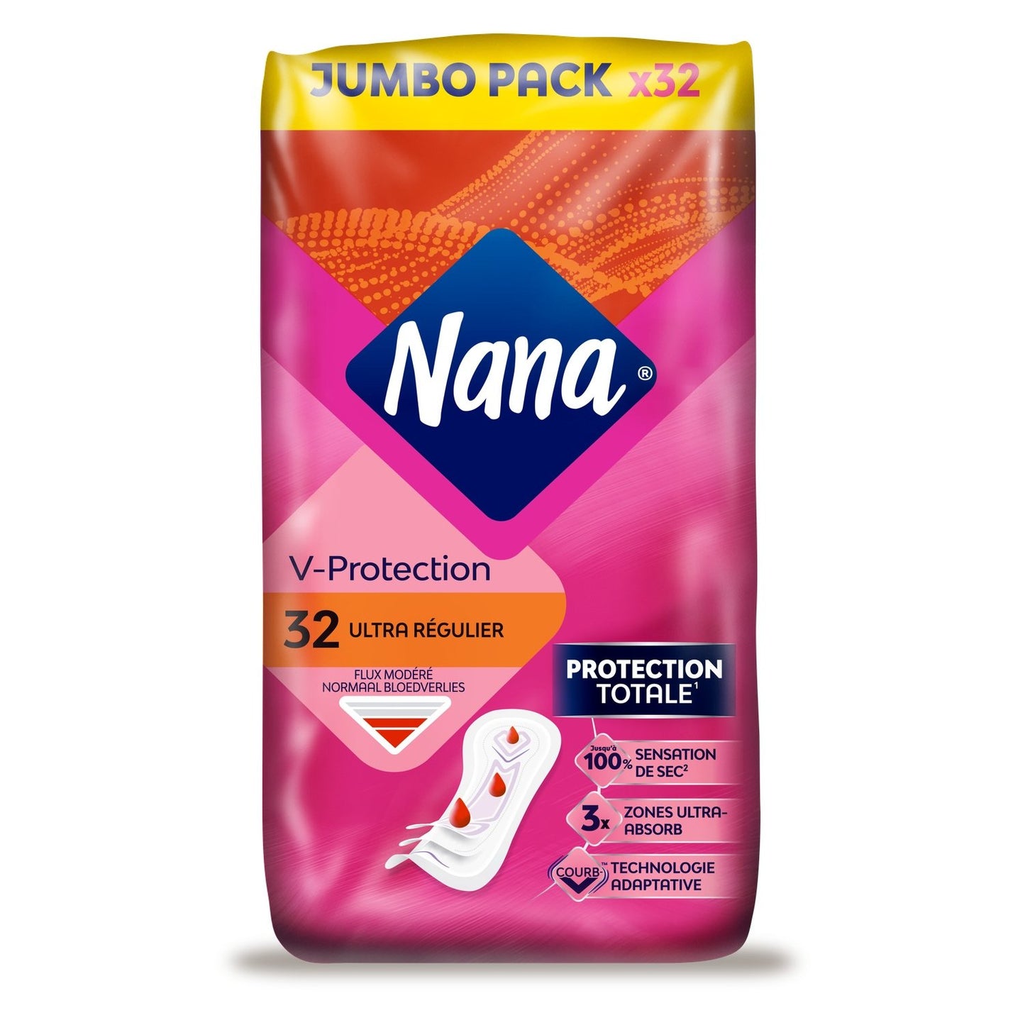 Serviettes Hygiéniques Sans Ailettes Ultra Régulier V-Protection NANA le pack de 32 serviettes hygiéniques