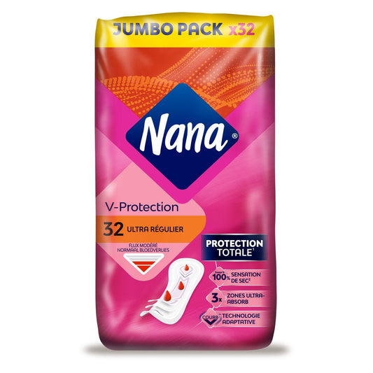 Serviettes Hygiéniques Sans Ailettes Ultra Régulier V-Protection NANA le pack de 32 serviettes hygiéniques