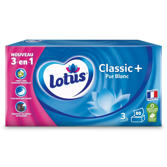 Mouchoirs Doux 3 Epaisseurs Pur Blanc Recyclable LOTUS la boîte de 80 mouchoirs