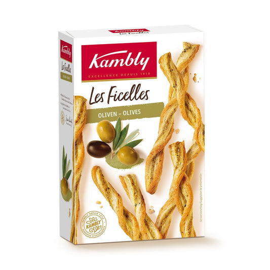 Biscuits Apéritifs Ficelles Olives Vertes et Noir KAMBLY la boîte de 100g