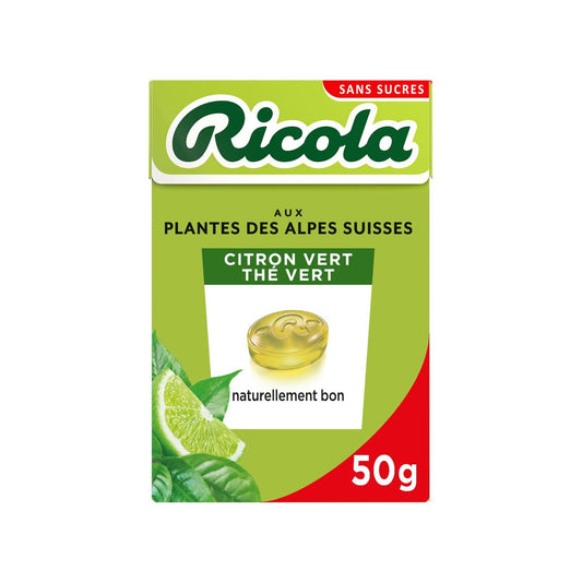 Bonbons Citron Vert, Thé Vert Sans Sucre Ajouté RICOLA la boite de 50g