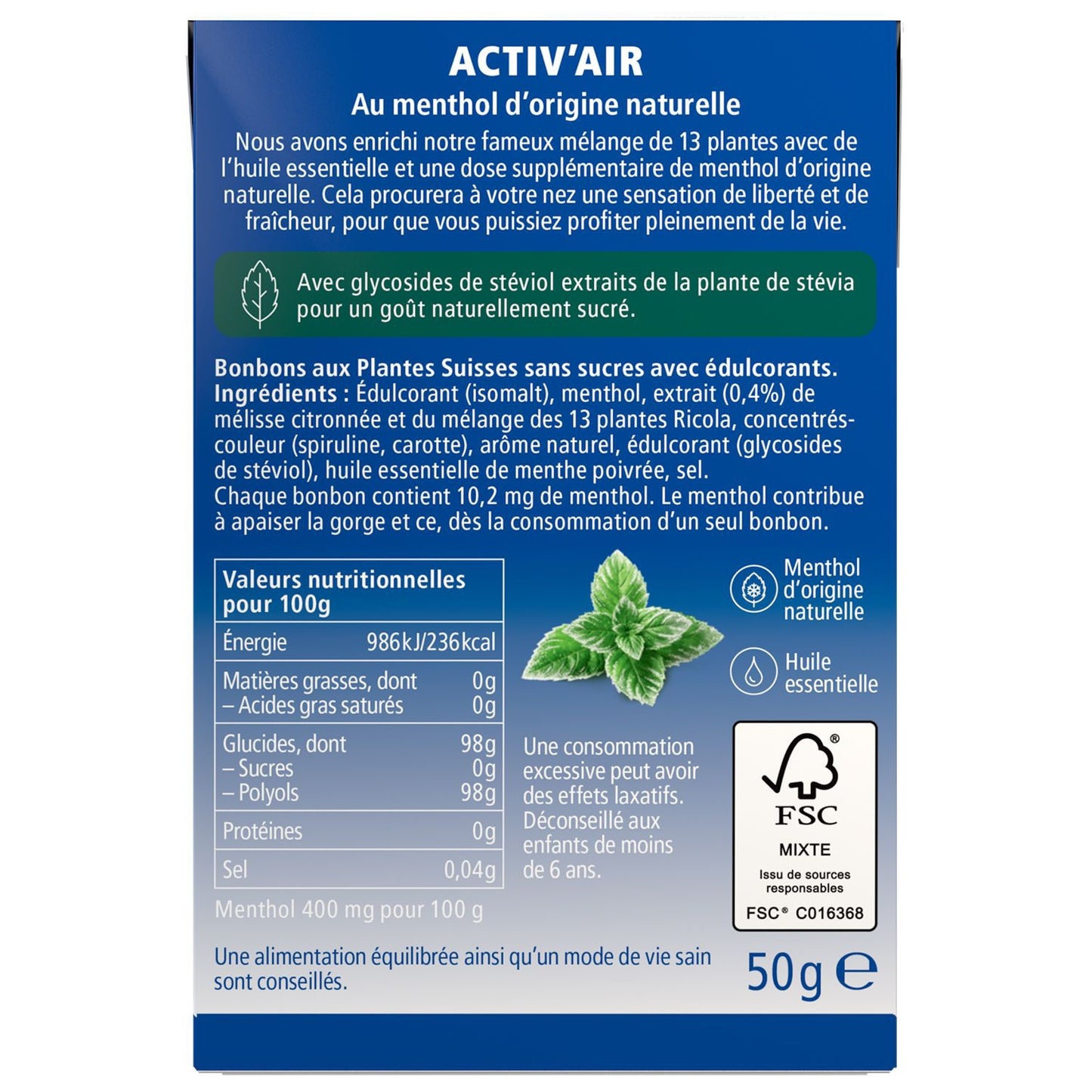 Bonbons Menthol Intensen ACTIV'AIR RICOLA