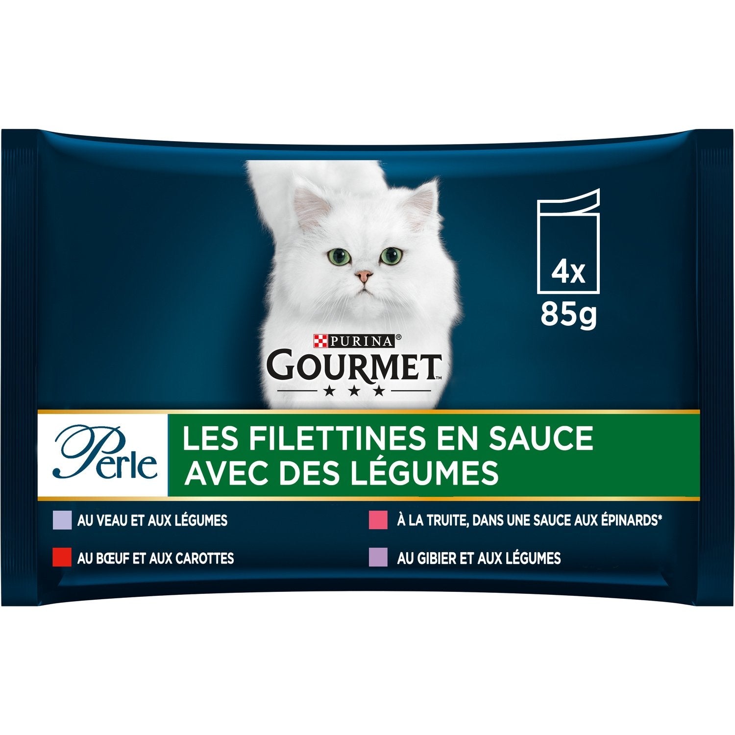 Pâtée pour Chat Adulte Mini Filets en Sauce Veau Boeuf Truite Gibier Légumes Perle GOURMET Les 4 sachets de 85g