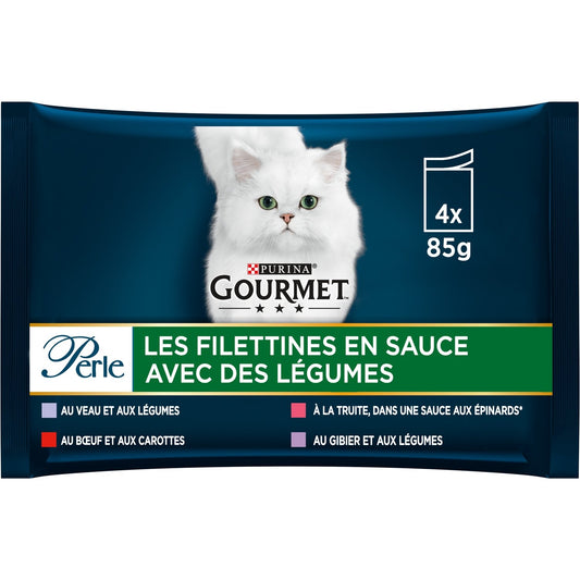 Pâtée pour Chat Adulte Mini Filets en Sauce Veau Boeuf Truite Gibier Légumes Perle GOURMET Les 4 sachets de 85g