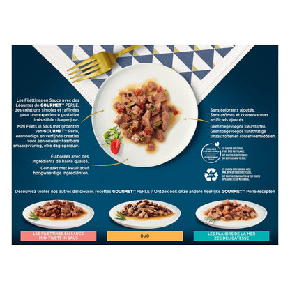 Pâtée pour Chat Adulte Mini Filets en Sauce Agneau Poulet Lapin Veau Légumes Perle GOURMET