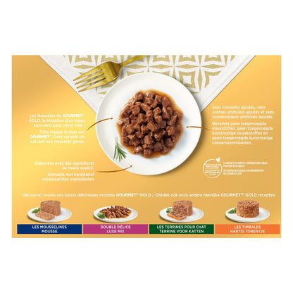 Pâtée pour Chat Adulte Noisettes en Sauce Boeuf Dinde Saumon Poulet Gold GOURMET
