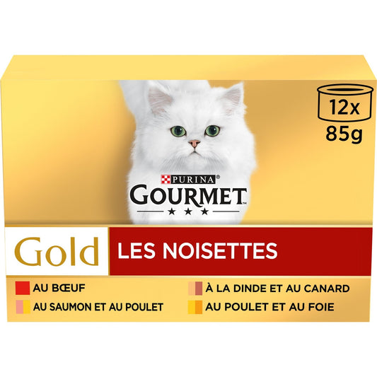 Pâtée pour Chat Adulte Noisettes en Sauce Boeuf Dinde Saumon Poulet Gold GOURMET Le 12 boîtes de 85g