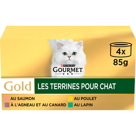 Pâtée pour Chat Adulte en Terrine Lapin Agneau Canard Poulet Saumon Gold GOURMET Les 4 boîtes de 85g