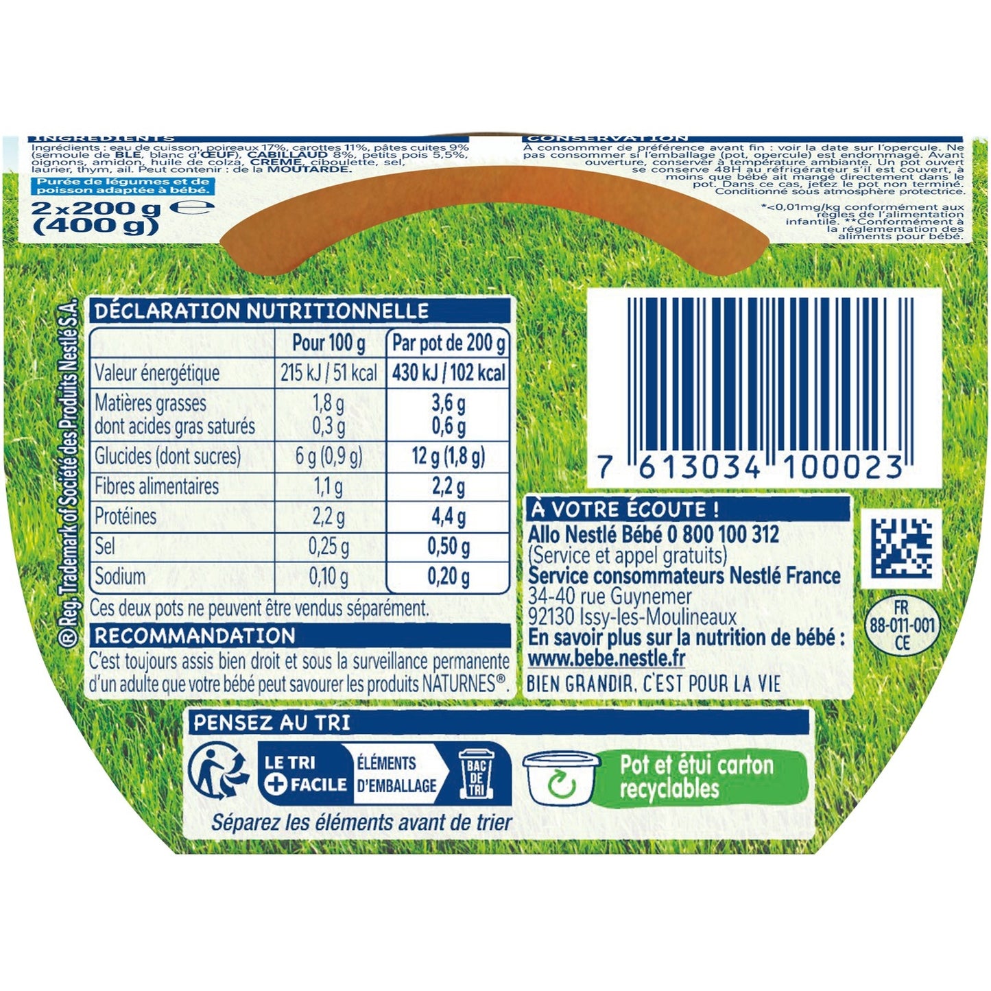 Plat Bébé Légumes Coquillettes Cabillaud NATURNES