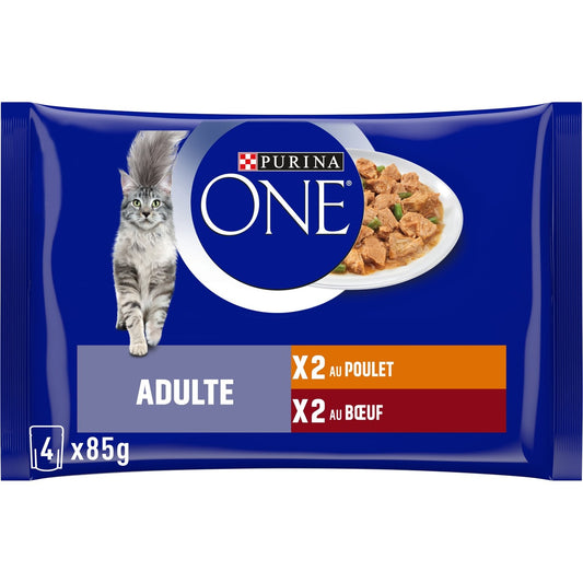 Pâtée pour Chat Adulte Emincés en Sauce Poulet Boeuf PURINA ONE Les 4 sachets de 85g