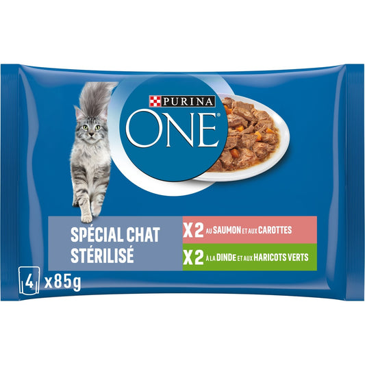 Pâtée pour Chat Adulte Stérilisé Saumon Dinde Légumes One PURINA ONE Les 4 sachets de 85g