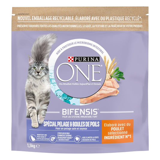 Croquettes pour Chat Adulte Spécial Pelage et Boules de Poils Poulet Bifensis PURINA ONE Le sac d'1,5kg