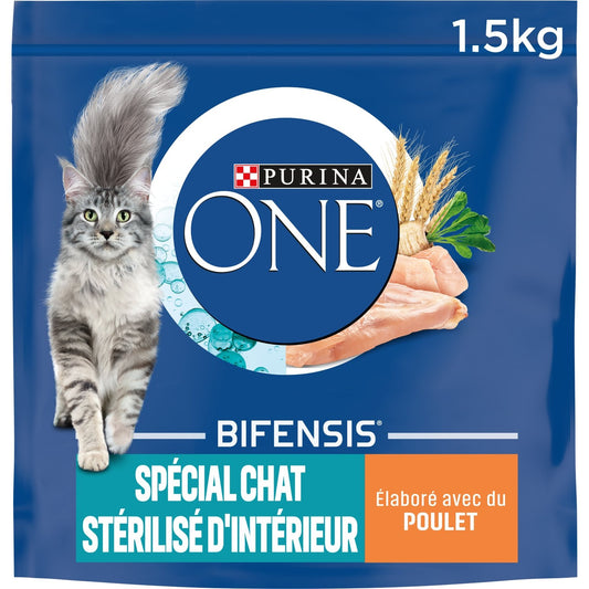Croquettes pour Chat Adulte Stérilisé Intérieur Poulet ONE Le sac d'1,5kg