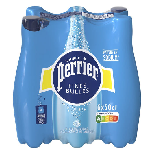 Eau Minérale Naturelle Gazeuse Fines Bulles Pauvre en Sodium PERRIER le pack de 6 bouteilles de 50cL