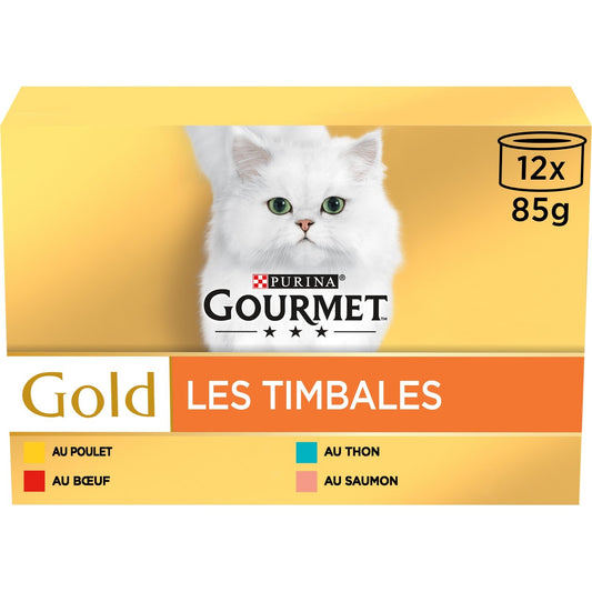 Pâtée pour Chat Adulte Timbale Boeuf Poulet Saumon Thon Gold GOURMET Les 12 boîtes de 85g