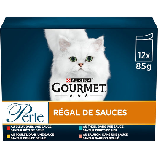 Pâtée pour Chat Adulte en Sauce Boeuf Poulet Saumon Thon Perle GOURMET Les 12 sachats de 85g