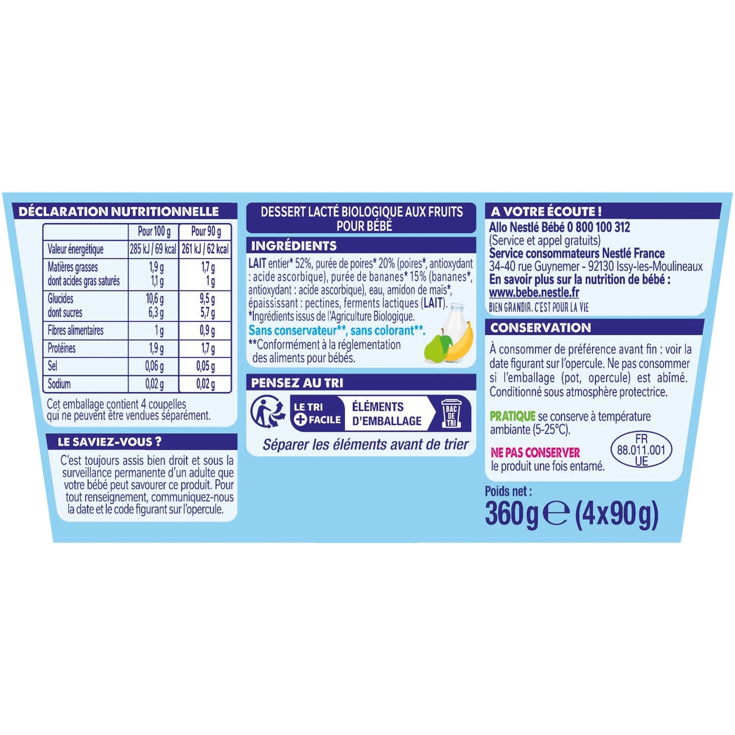 Dessert Bébé Bio Dés 6 Mois, Banane Poire Bio NESTLE