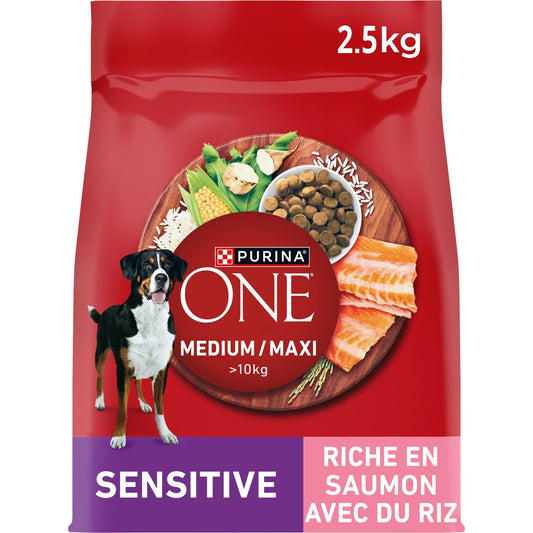 Croquettes pour Chien Adulte Medium Maxi +10kg Sensible Saumon PURINA ONE Le sac de 2,5kg