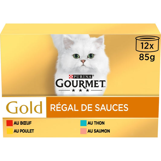 Pâtée pour Chat Adulte en Sauce Boeuf Poulet Thon Saumon Gold Régal GOURMET Les 12 boîtes de 85g