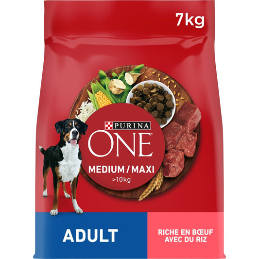 Croquettes pour Chien Adulte Médium Maxi +10kg Boeuf Riz PURINA ONE Le sac de 7kg
