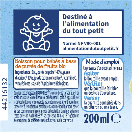 Boissons Bébé Bio Dès 6 Mois, Poire & Abricot, Sans Sucres Ajoutés NESTLE