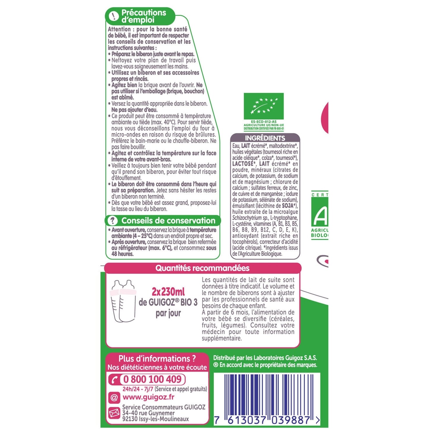Lait bébé liquide 3ème âge Dès 10 Mois Bio Guigoz GUIGOZ 