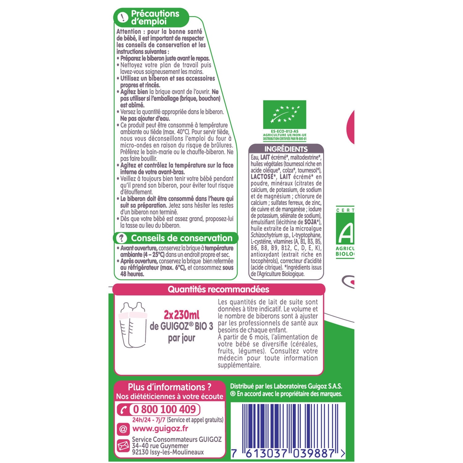 Lait bébé liquide 3ème âge Dès 10 Mois Bio Guigoz GUIGOZ 