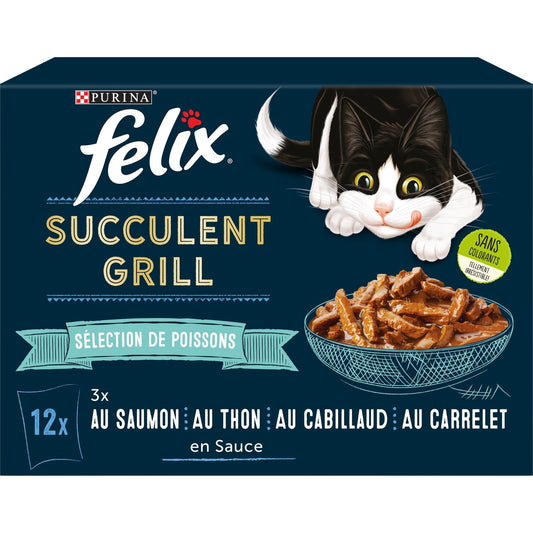 Pâtée pour Chat Adulte en Sauce Saumon Thon Cabillaud Carrelet Succulent Grill FELIX Les 12 sachets de 80g