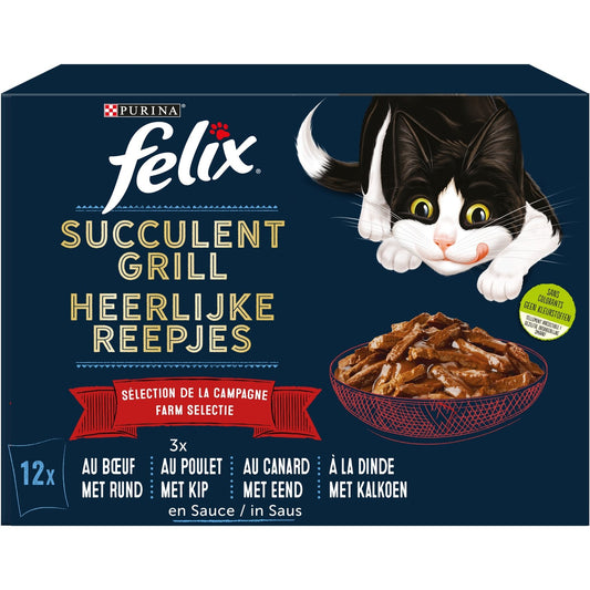 Pâtée pour Chat Adulte en Sauce Boeuf Poulet Canard Dinde Succulent Grill FELIX Les 12 sachats de 80g