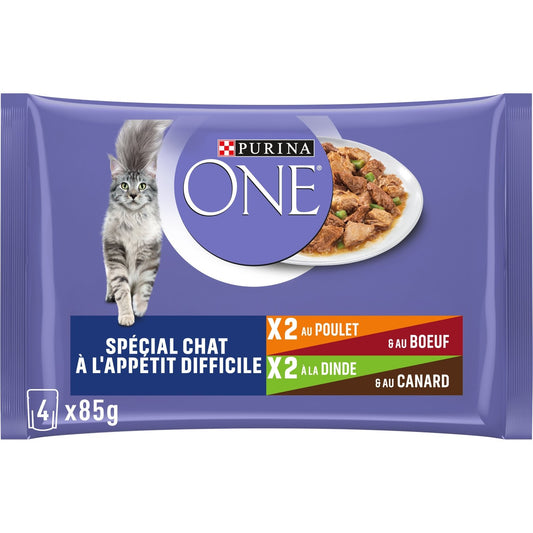 Pâtée pour Chat Adulte Appétit Difficile en Sauce Poulet Boeuf Dinde Canard PURINA ONE Les 4 sachets de 85g