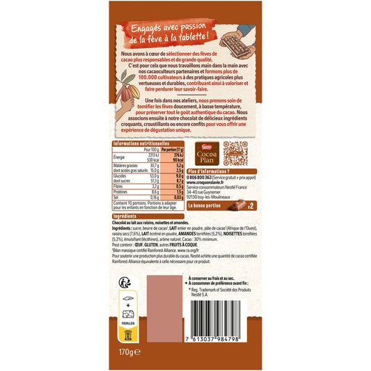 Tablette de Chocolat Raisins Amandes et Noisettes NESTLE LES RECETTES DE L'ATELIER