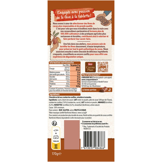 Tablette de Chocolat Lait les Recettes de l'Atelier Cranberries Amandes Noisettes NESTLE
