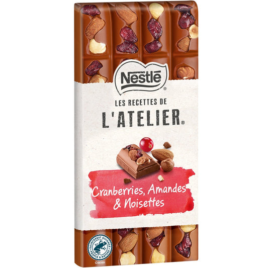 Tablette de Chocolat Lait les Recettes de l'Atelier Cranberries Amandes Noisettes NESTLE la tablette de 170g