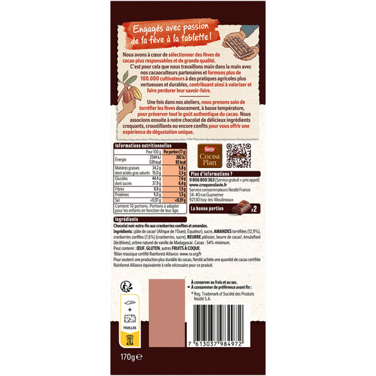 Tablette de Chocolat Noir les Recettes de l'Atelier Cranberries et Amandes NESTLE