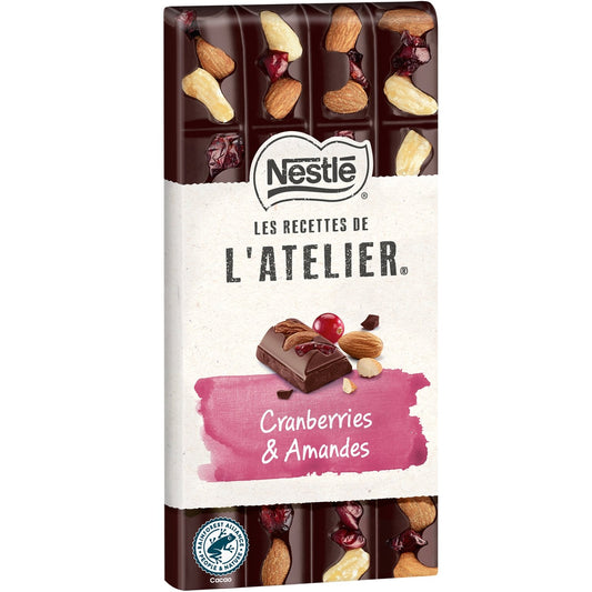 Tablette de Chocolat Noir les Recettes de l'Atelier Cranberries et Amandes NESTLE la tablette de 170g