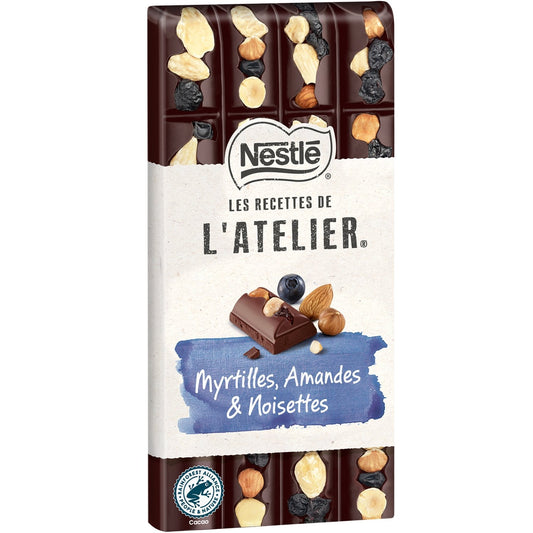 Tablette de Chocolat Noir les Recettes de l'Atelier Myrtilles Amandes Noisettes NESTLE la tablette de 170g