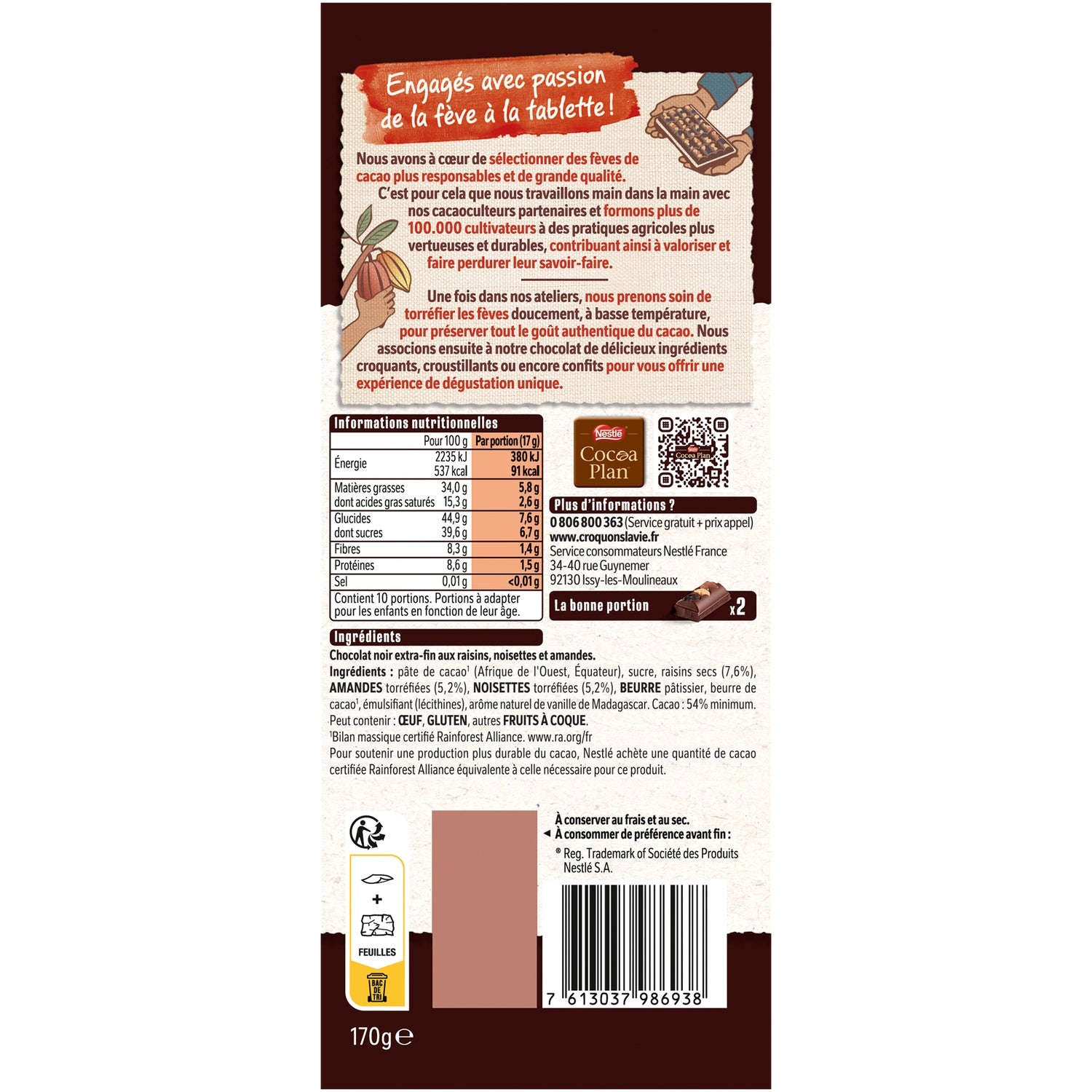 Les Recettes de l'Atelier Chocolate Bar with Raisins, Almonds and