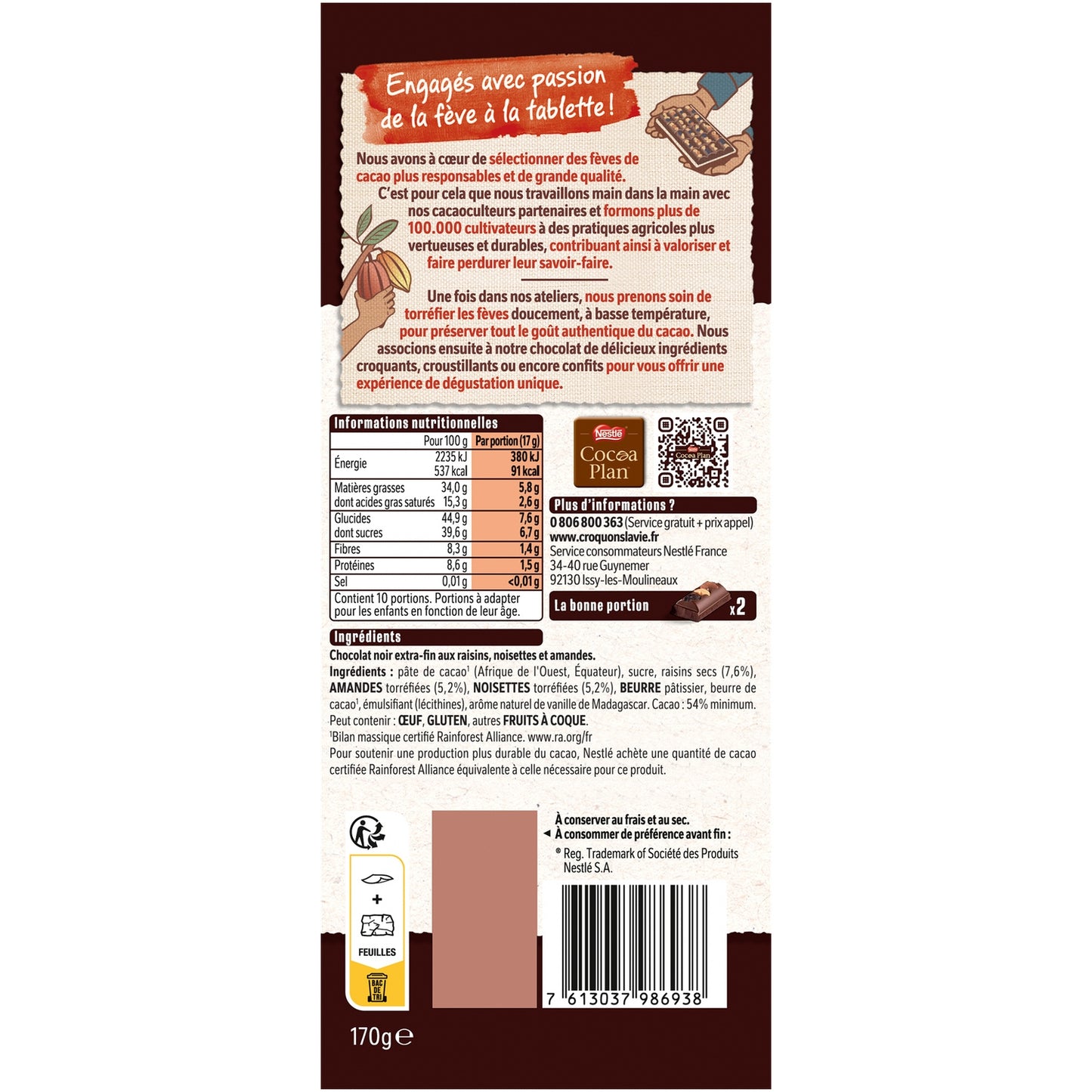 Tablette de Chocolat Raisins Amandes et Noisettes NESTLE LES RECETTES DE L'ATELIER