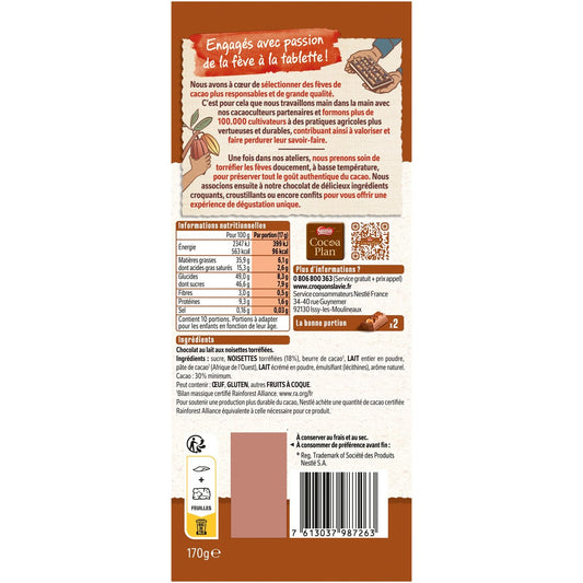 Tablette de Chocolat Lait les Recettes de l'Atelier Noisettes Entières Torréfiées NESTLE